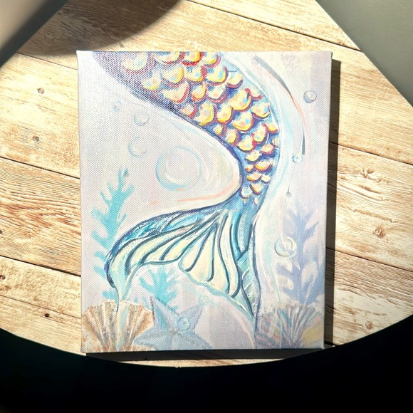 Mermaid Tail in Ocean Coral Reef Print Wrapped Canvas 5”x7” Wall Decor - Picture 1 of 7